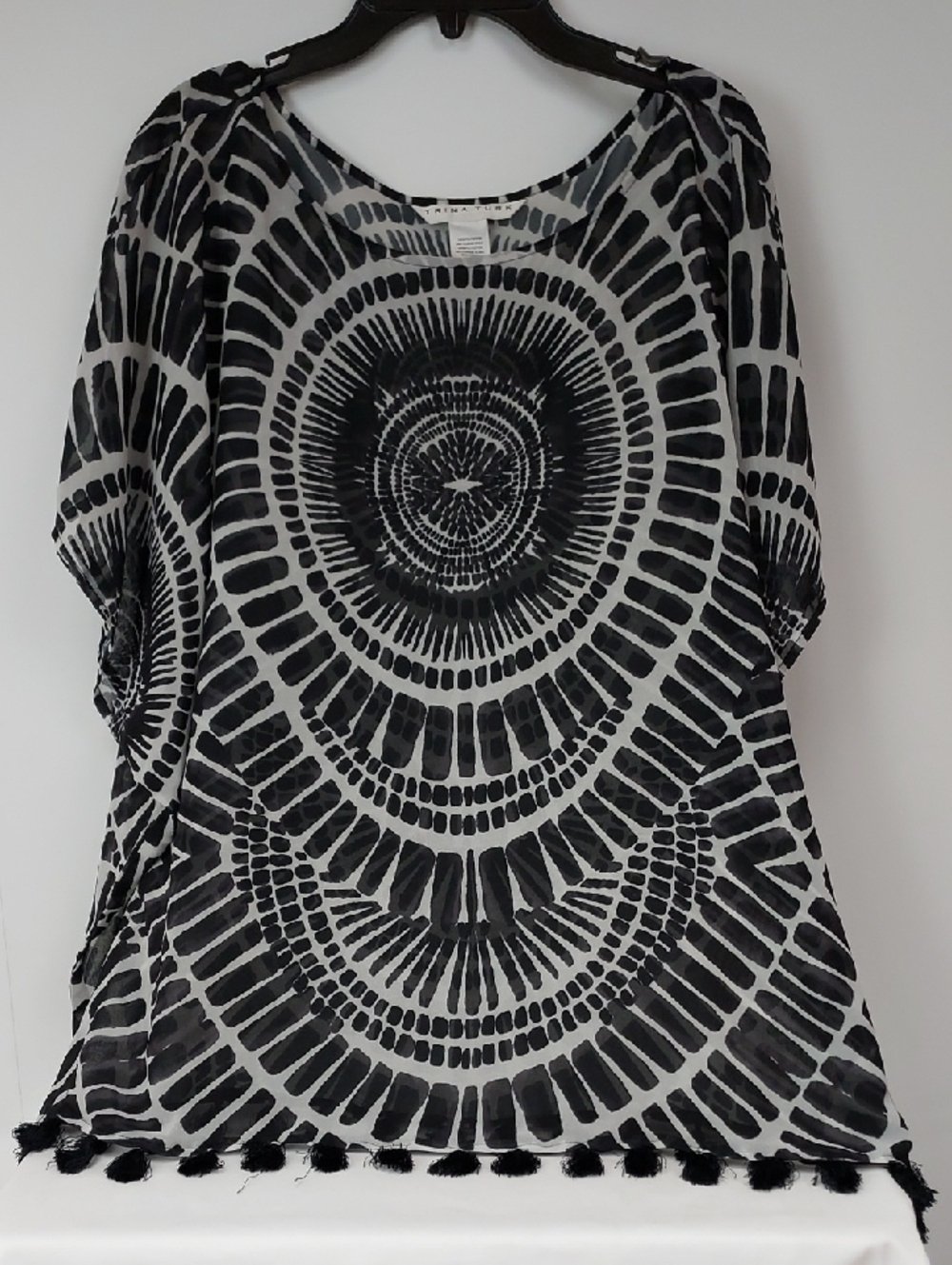 Trina Turk Algiers Black and White Graphic Tunic, cover up with Fringe